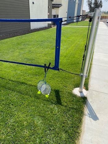 A tennis racket and two tennis balls on the grass next to a fence